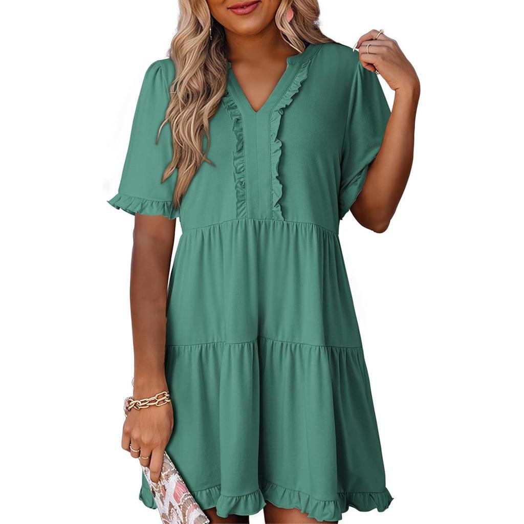 Women's Fashion Casual Ruffled Dress Short Sleeve V-Neck Large Swing Dress