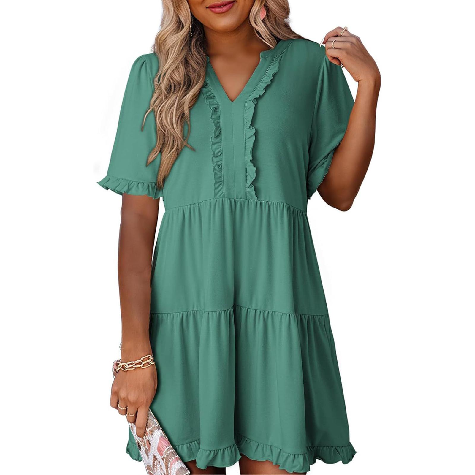 

Women s Fashion Casual Ruffled Dress Short Sleeve V-Neck Large Swing Dress S