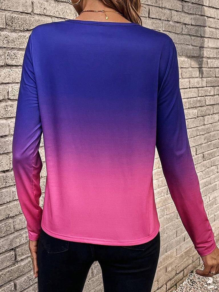 Women's Casual Red White Blue Striped Print Loose Fit Round Neck Long