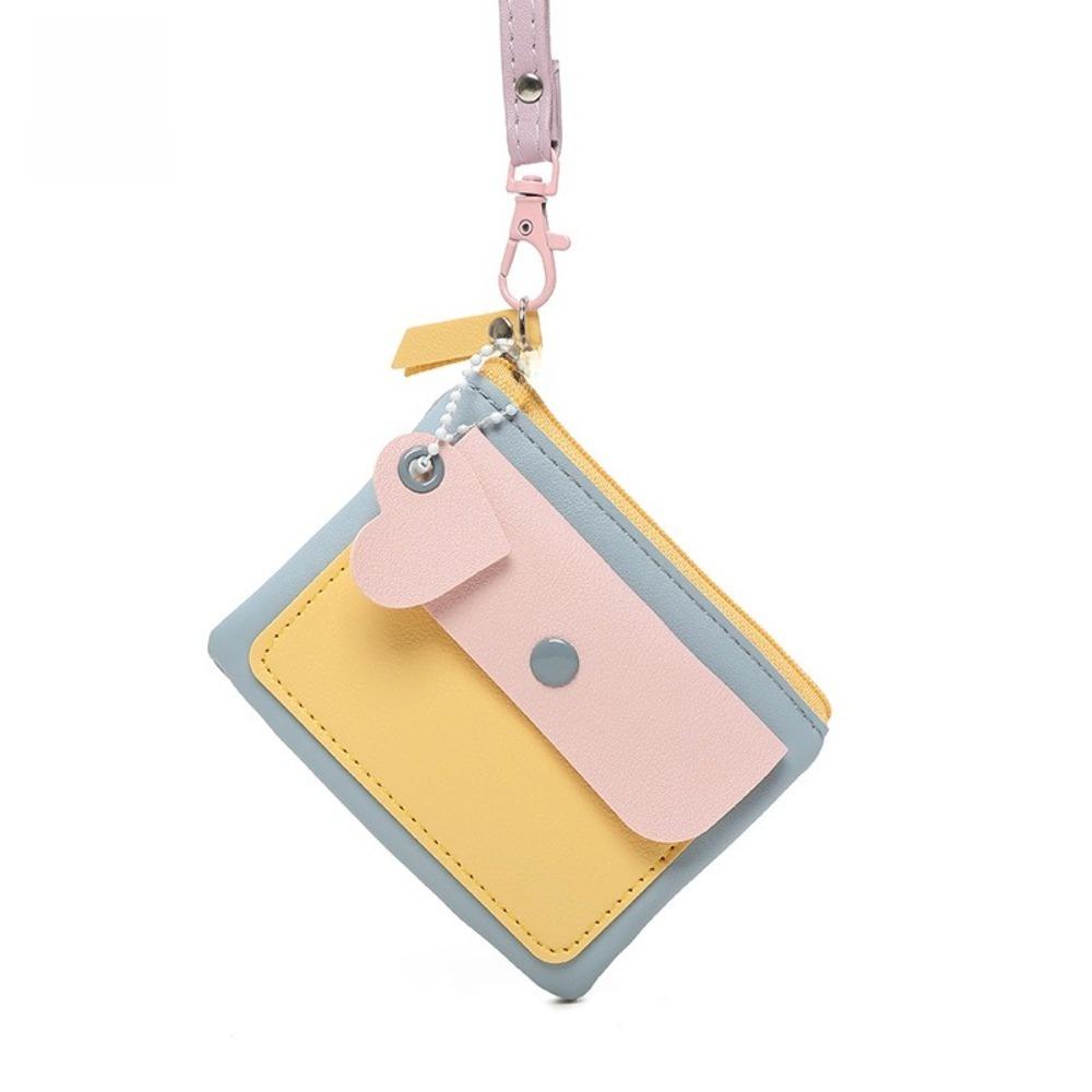 Simple Macaron Color Hanging Neck Wallet Lanyard PU Leather Zipper Coin Purse Card Bag Keychains Card Holder Women