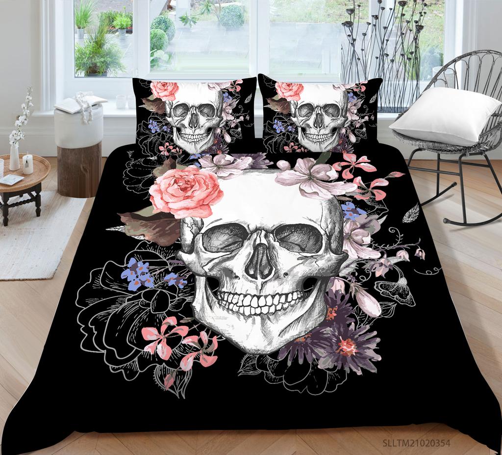 3D Black Skull Head Pattern Bedding Single Double Bed Full Size Special Skull Head Print Pillowcase and Quilt Cover 2 or 3 Comfortable Home Decoration