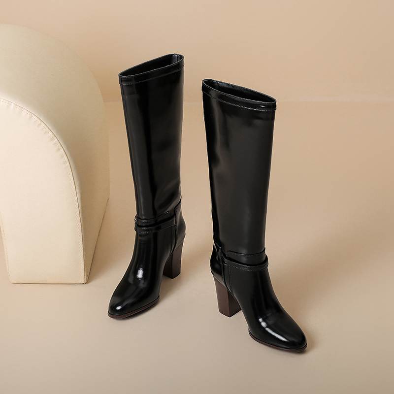 Krazing Pot Cow Split Skin Round Toe Thick High Heels Knight Boots Size 46 Size 45 Slip On Plus Size Women Metal Buckle Thigh High Boots