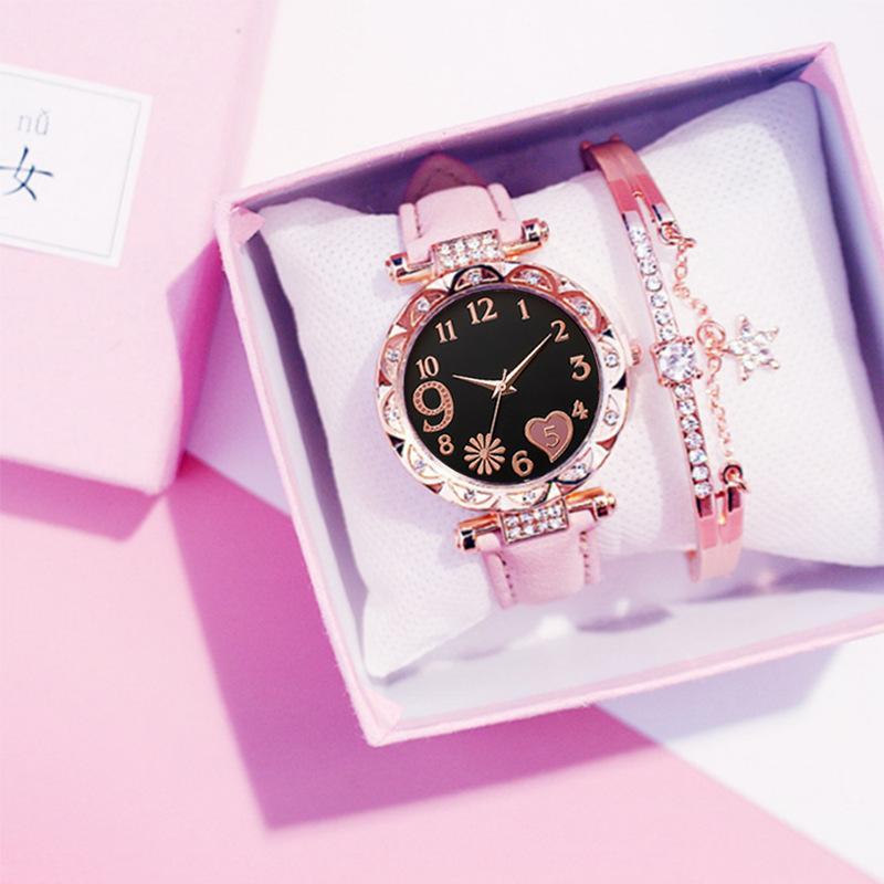 Ladies Diamond Dial Leather Strap Quartz Watch Women's Bracelet Bracelet Set