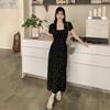 French Floral Short-sleeved Dress Summer New Women's Clothing Black Slim and Thin Temperament Medium and Long Skirt