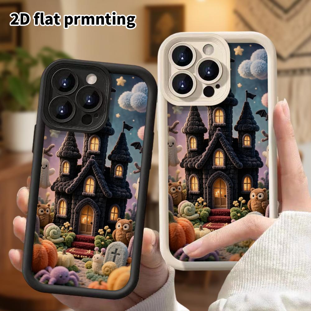Phone Case: 2D flat design suitable for iPhone 18 17 16 15 14 13 Pro protective case, Halloween small castle, perfect holiday gift for Christmas and H