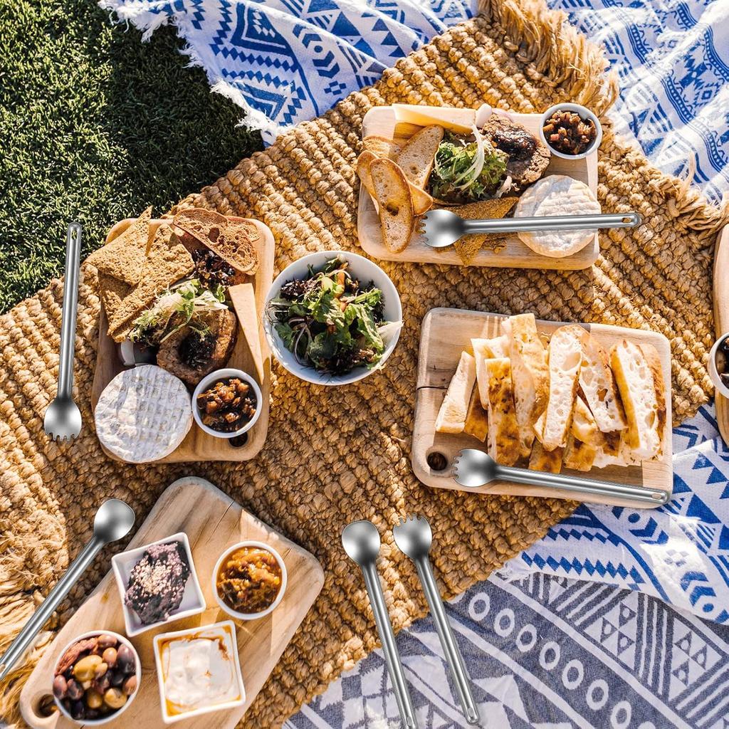 Minatee 4 Pieces Titanium Long Handle Spork and Spoon 8.4 Inch Ultralight Portable Flatware Lightweight Soup Spoon Camping Spork Utensil for Outdoor