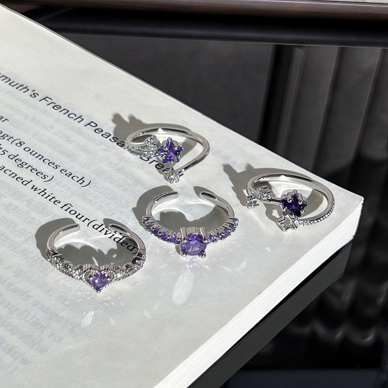 Star Heart Purple Diamond Open Ring - Cold Aesthetic Korean Style for Women, Gentle Skin-Brightening, Simple Stacking, Best Friend Jewelry