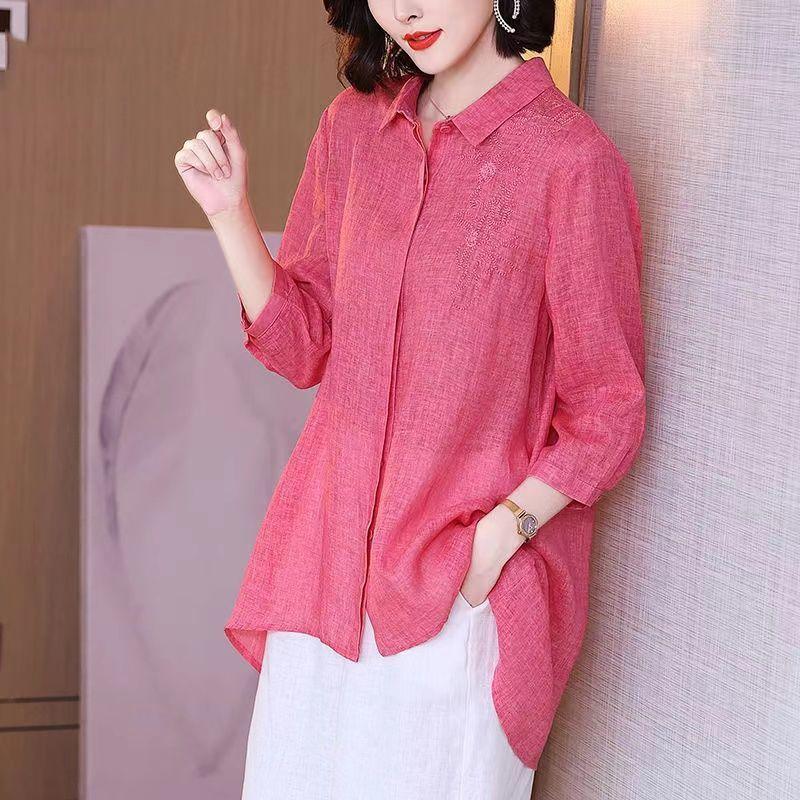 

Однотонная рубашка женская весенне-летняя модная ретро-футболка однотонная свободная рубашка с вышитыми лацканами средняя длина солнцезащитная одежда 3XL розовый