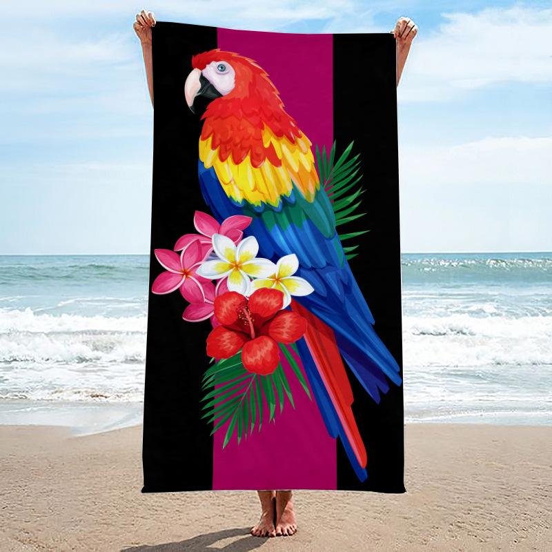 Tropical Macaw Parrot Beach Towel Hibiscus Flower Print Quick Dry Absorbent Towel for Summer Vacation