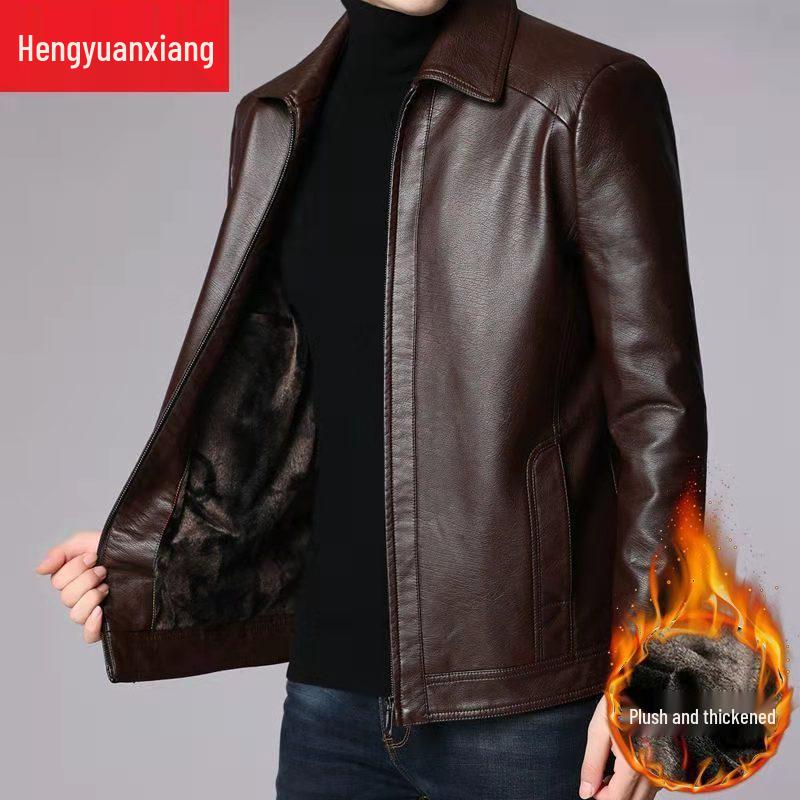 Men's Casual Autumn Leather Jacket - Middle-aged Plus Velvet Thick Style