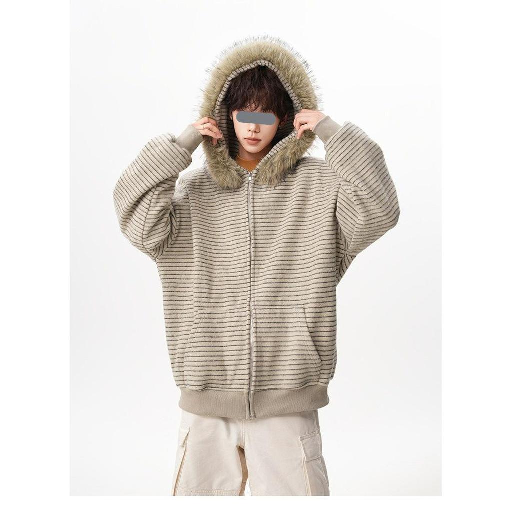 Unisex American Retro Faux Fur Collar Striped Hooded Jacket - Versatile Loose Cardigan for Autumn/Winter