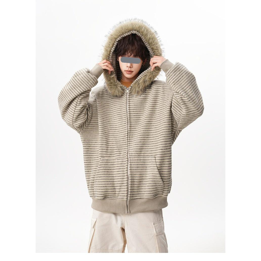 

Unisex American Retro Faux Fur Collar Striped Hooded Jacket - Versatile Loose Cardigan for Autumn/Winter M бежевий