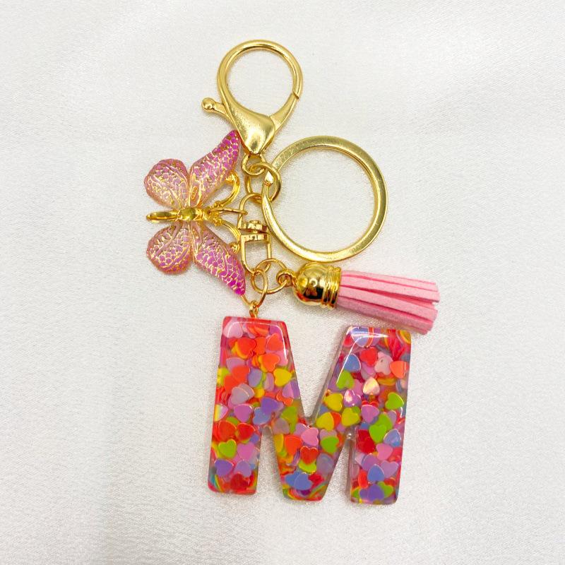 26-Letter Alphabet Resin Keychain with Star Sequins & Tassel Charm