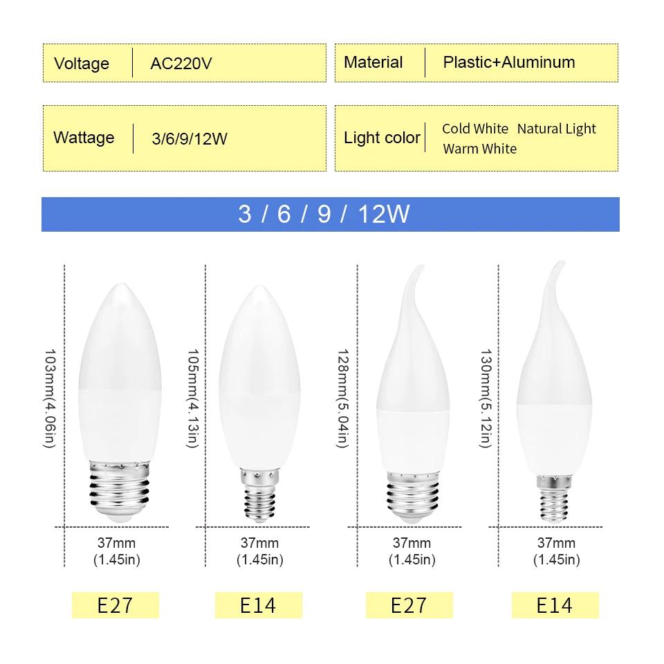 LED Candle Lamp Bulb E27 E14 Base 220V 3W to 12W 3000K 4000K 6000K Temperature Home Decorative Lighting Energy Saving