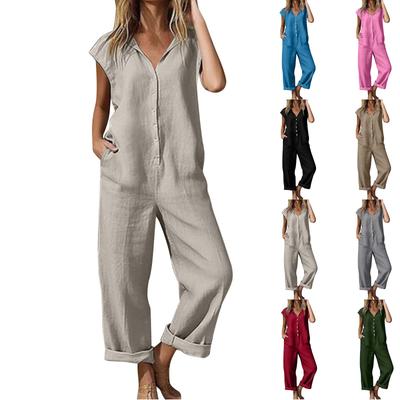 Elegante Damen-Jumpsuits Sommer Knopfleiste Locker Outfits Weiter Bein Lässige Strampler Mit Taschen