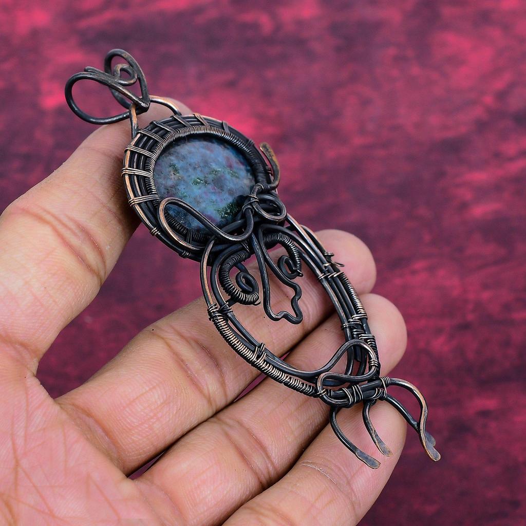 Ruby In Blue Kyanite Gemstone Pendant Copper Wire Wrapped Handmade Pendant