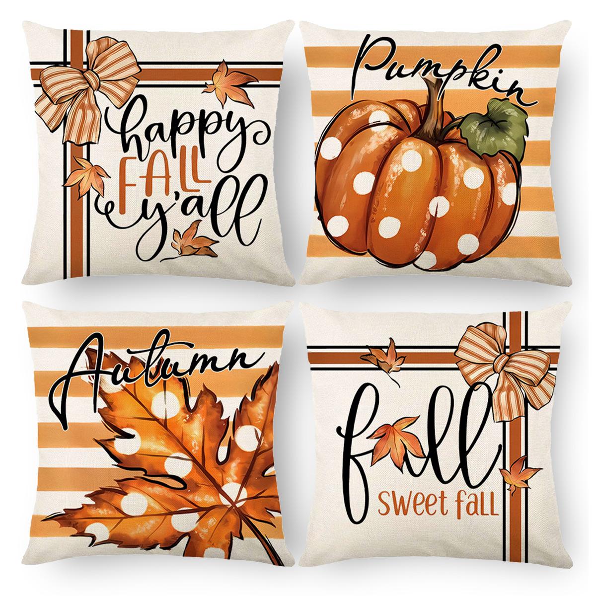 4pcs Fall Thanksgiving Pillow Cover Pumpkin Design Thanksgiving Linen Cushion Cover Happy Autumn Thanksgiving Holiday Decoration 40x40cm