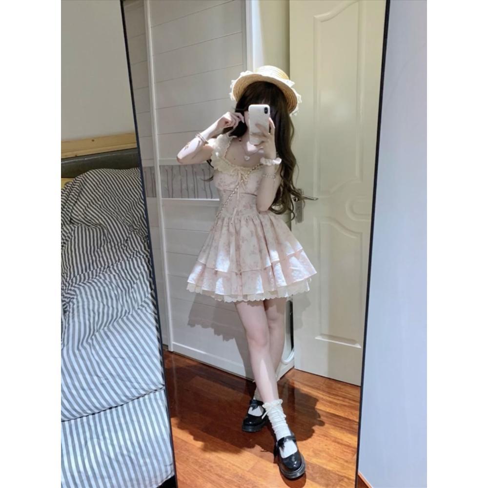 Koreanische Kleidung blaues Blumen-Latzkleid Damen klein Sommer schönes bauschiges kurzes Kleid Prinzessinnen-Kuchenkleid