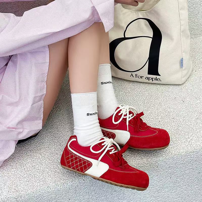 Lightweight Soft Sole~ Leather Single Ugly Cute German Training Shoes Women's 2025 Spring New Two-color Shoelaces Casual Forrest Gump Shoes.