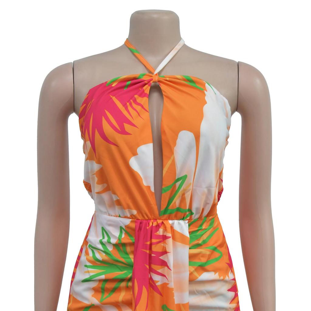 C6921 European & American Style Women's Printed Backless Lace-up Long Dress