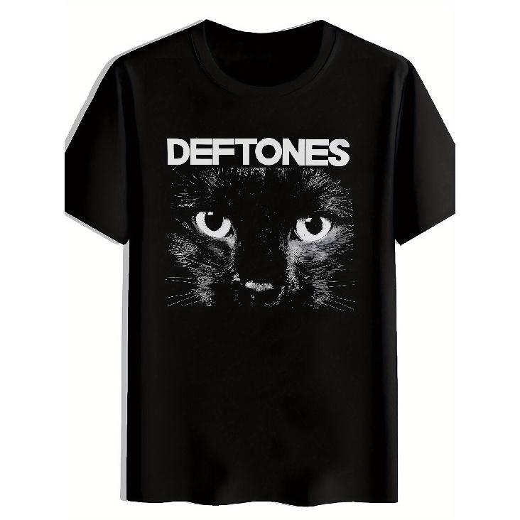 Men'S Vintage Defones Logo & Cat Face Graphic T-Shirt - 180gsm Lightweight Retro Rock Band Tee, 100% Short Sleeve Shirt for Concerts, Festivals,
