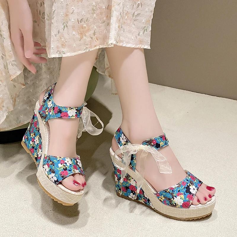 Fashion 2025 Casual Comfortable Sandals Women Dressy Summer Women'S Wedge Fish Mouth Hollow Sandals Flower Bow Print Sandals for Women