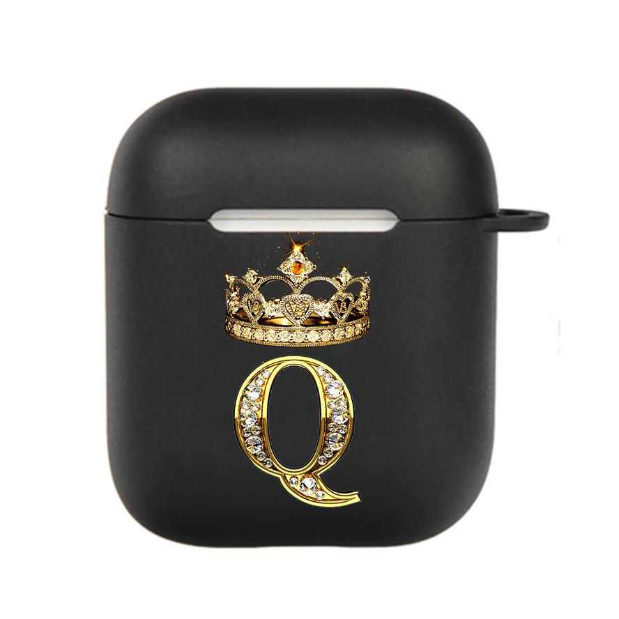 Diamond Crown Letter 26 With Hook Case For AirPods 2 3 1 Cases For Apple AirPods Pro 2 Coque Black TPU Soft Earphone Cover