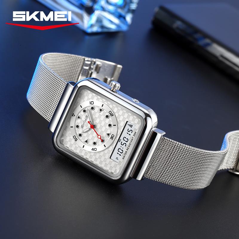 SKMEI 2466 Luxury Quartz Watch for Men Women Stainless Steel Digital Wristwatch Waterproof Dual Display Clock Girl Reloj Hombre