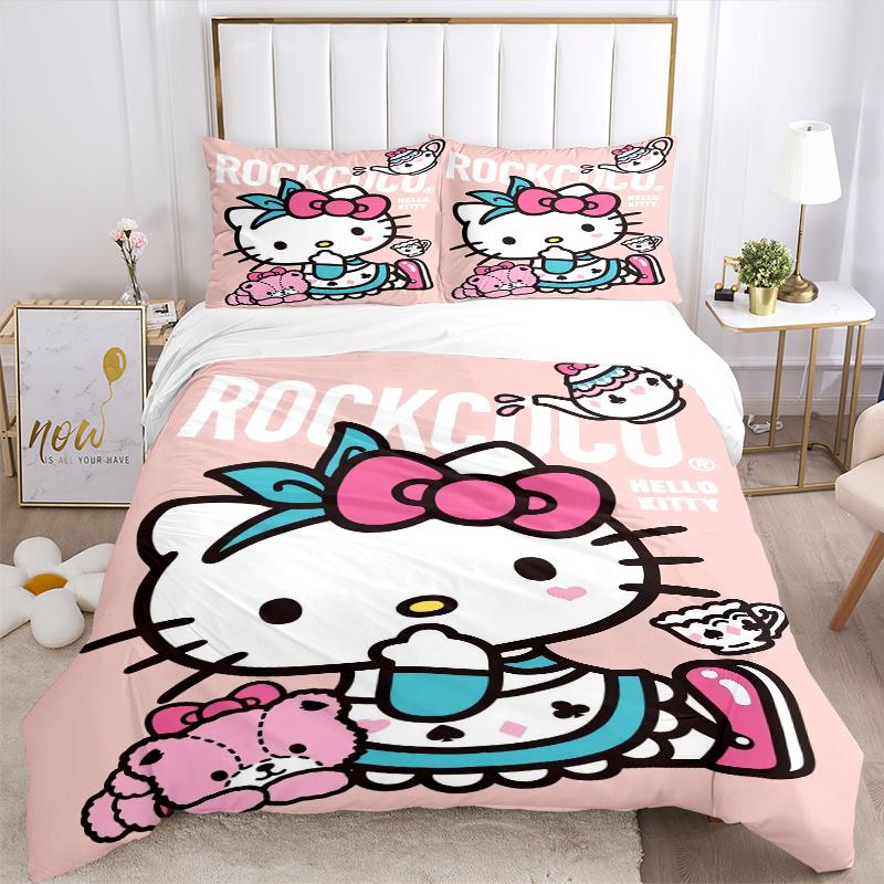 3pcs Pink Kettle With Hello Kitty Design Pattern Bedding Three-Piece Set (1 Cover + 2 Pillowcases, No Fillings),  Soft and Comfortable W072
