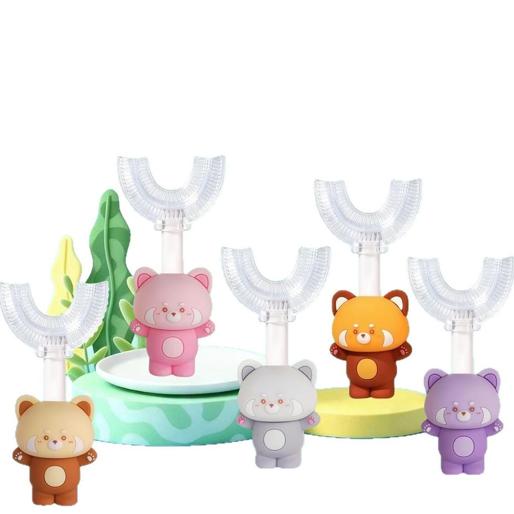 Children's Soft Bristle U-shaped Toothbrush with Silicone Head and Cute Raccoon Handle for Ages 1-12