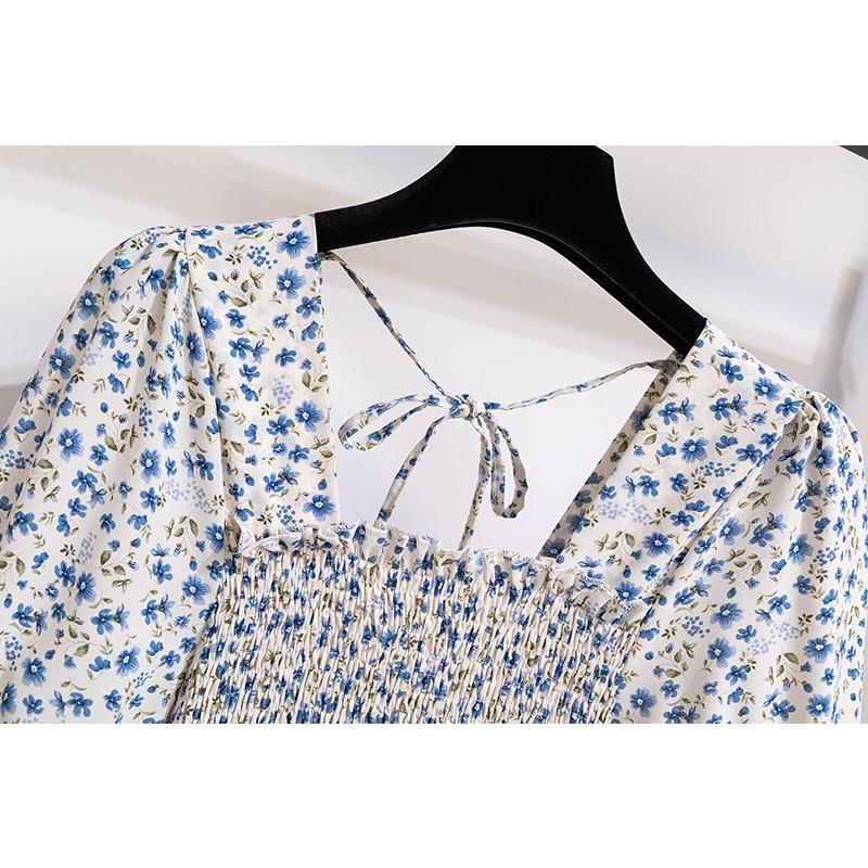 GMXIA Women's Fashion Spring Autumn Floral Print Short Long Sleeve Square Collar High Waist Casual Dresses