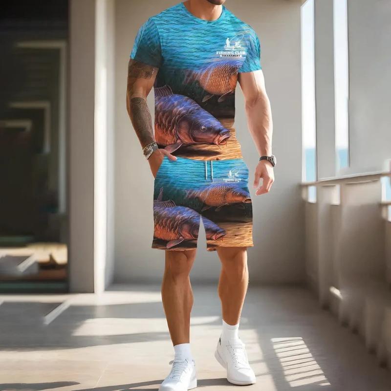 Outdoor Men's Tee Sets Fishing Print Summer Casual Short Sleeve Pullover T-shirts Drawstring Pants Set Male Overszied Clothing
