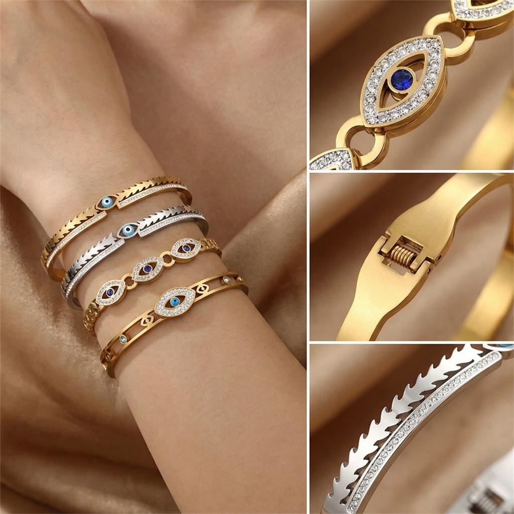Stainless Steel Turkish Lucky Evil Eyes Open Bracelet For Women Gold Plated Crystal Zircon Open Bangle Party Waterproof Jewelry
