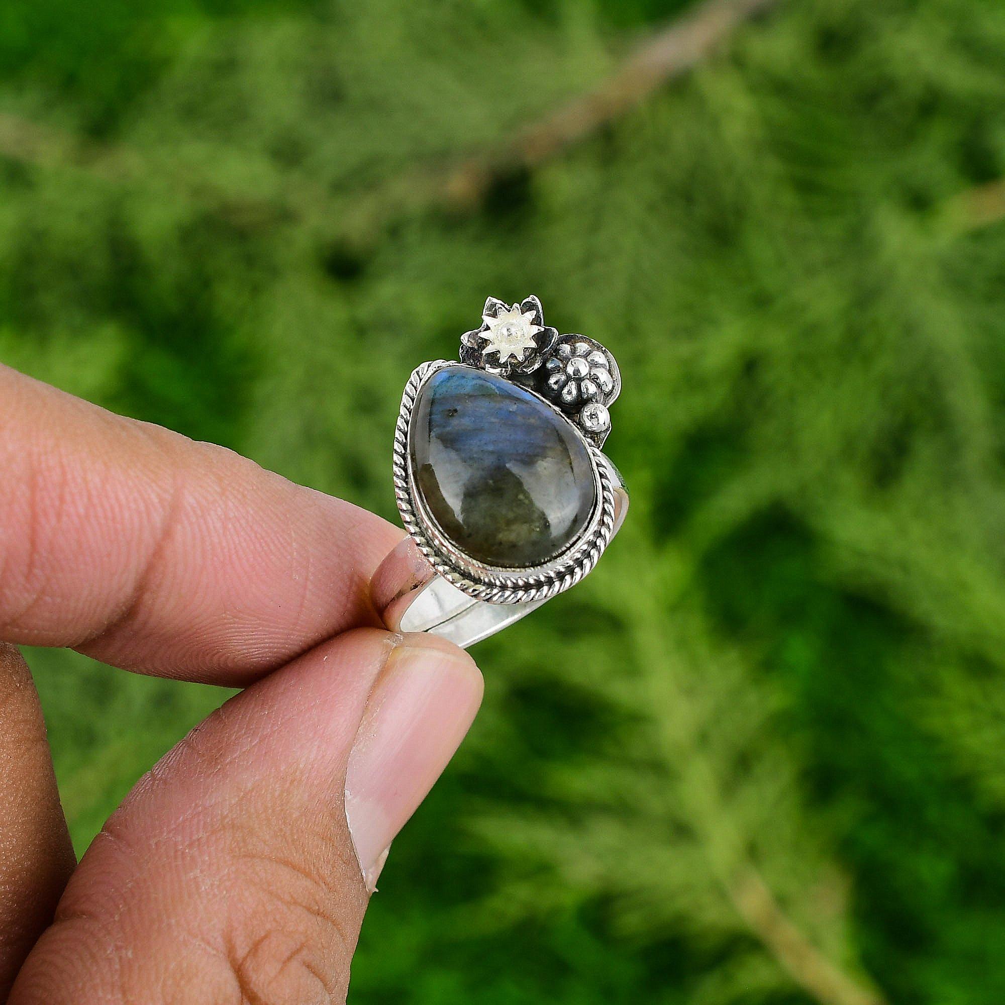 

Натуральный лабрадорит серебро 925 пробы эффектное кольцо-цветок регулируемого размера для женщин Adjustable