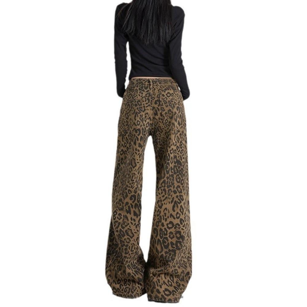 Amerikanischer Trend Leopardenmuster lässige Weitbeinjeans Damen Frühling und Herbst Modedesign lockere Mopping-Jeans