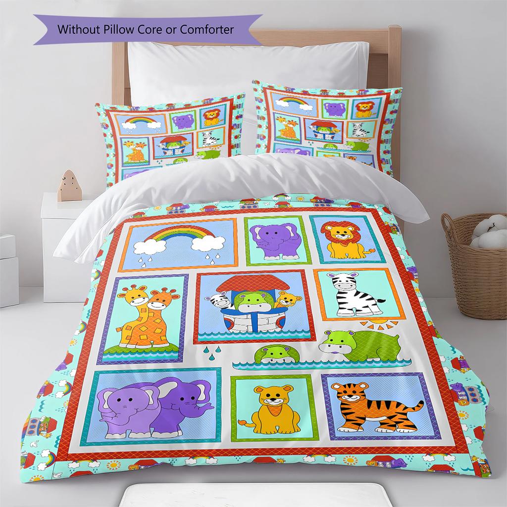 Cartoon Animals Pattern Bedding Quilt Set Quilt Cover Pillowcase Home Decoration Gift (1 * duvet cover + 2 * pillowcase, without core)