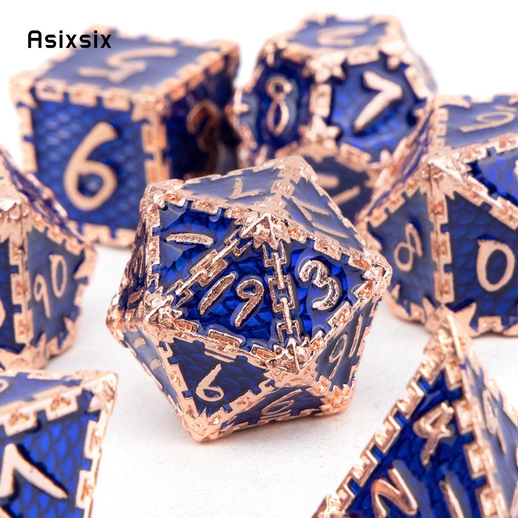 7 Stück blaue goldene Fischschuppen-Metallwürfel aus massivem Metall, polyedrisches Würfelset, geeignet für Rollenspiele, RPG-Brettspiele, Kartenspiele