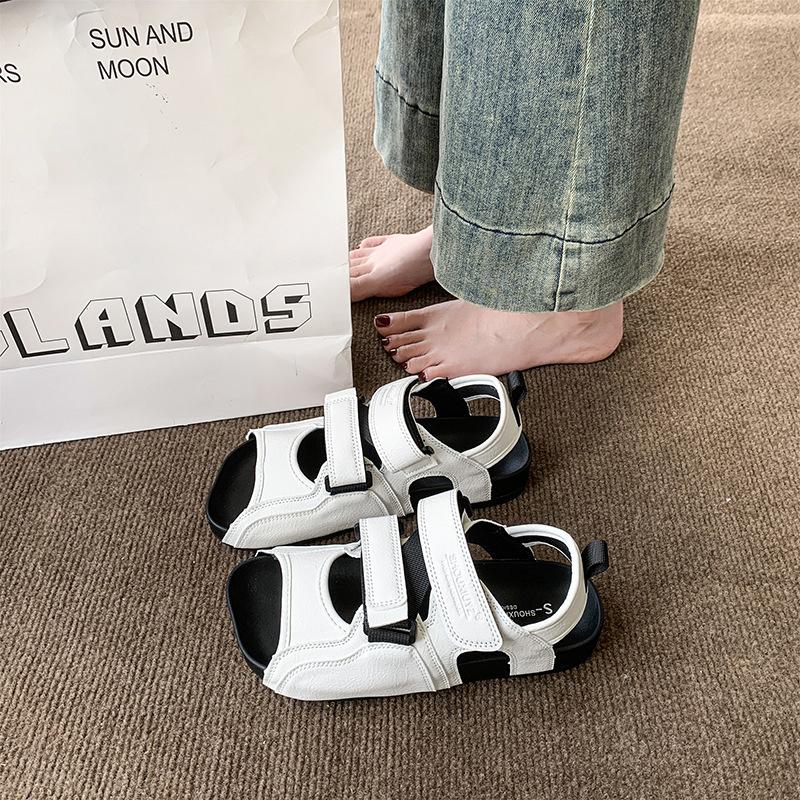

2025 new niche crooked square head sandals women s white black versatile flat heel Velcro casual beach cool slippers 35