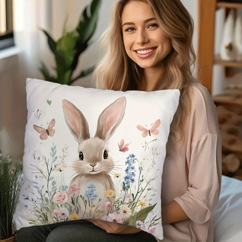 Soft Plush Easter Bunny & Floral Pillow Cover