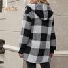 Wintermantel für Damen, Kontrastfarbe, Karomuster, dick, doppelseitig, mit Kapuze aus Samt, offene Nähte, elastische Bündchen, lockerer, warmer Mantel