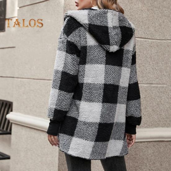 Wintermantel für Damen, Kontrastfarbe, Karomuster, dick, doppelseitig, mit Kapuze aus Samt, offene Nähte, elastische Bündchen, lockerer, warmer Mantel