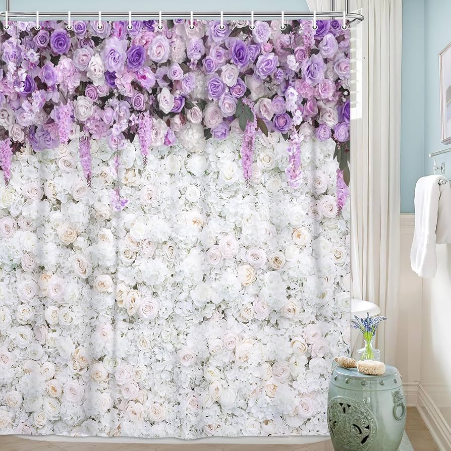 Pink Floral Shower Curtain Kids Decor Spring Flower Park Forest Road Landscape Scenic Bathroom Curtain Decor Set with 12 Hooks