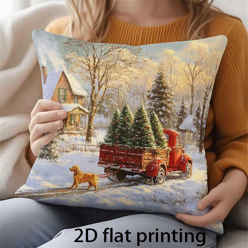 1pc Golden Retriever Christmas Winter Snow Cottage Cushion Cover - Double-Sided Suitable for Sofa Bed Decor with Zipper Closure, Machine Washable Pill