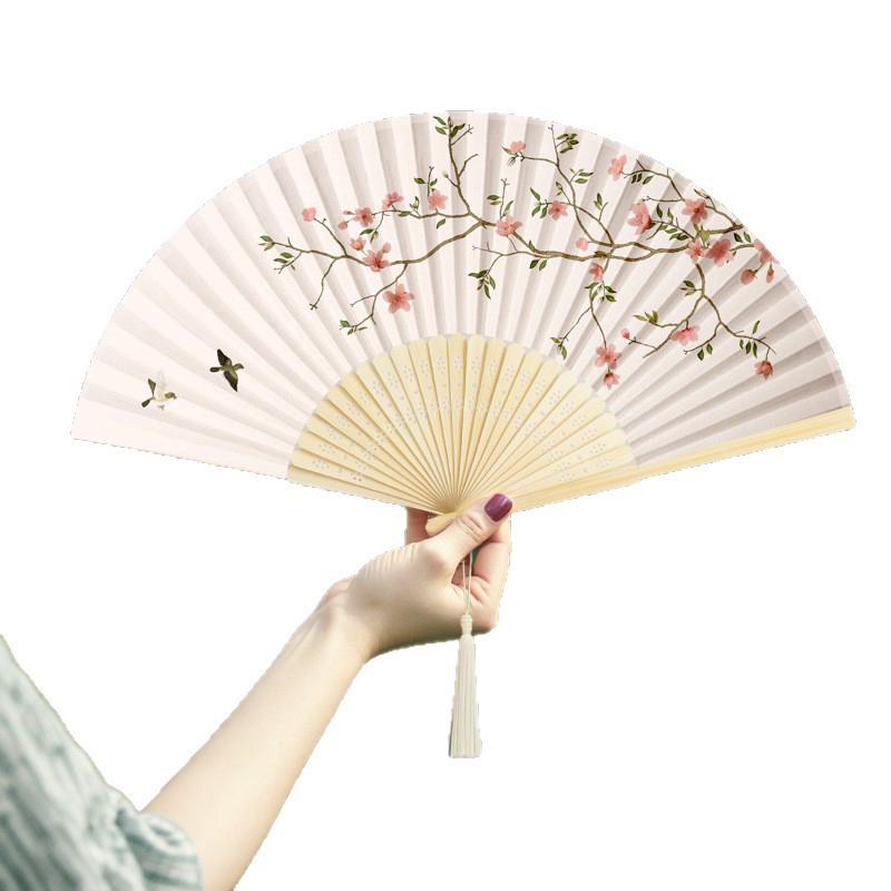 Ventilador Portátil de Mão Dobrável Estilo Chinês Adereços de Dança Ventilador de Concha Retrô Mulher Homem Madeira de Bambu Seda Flor Ventilador Dobrável