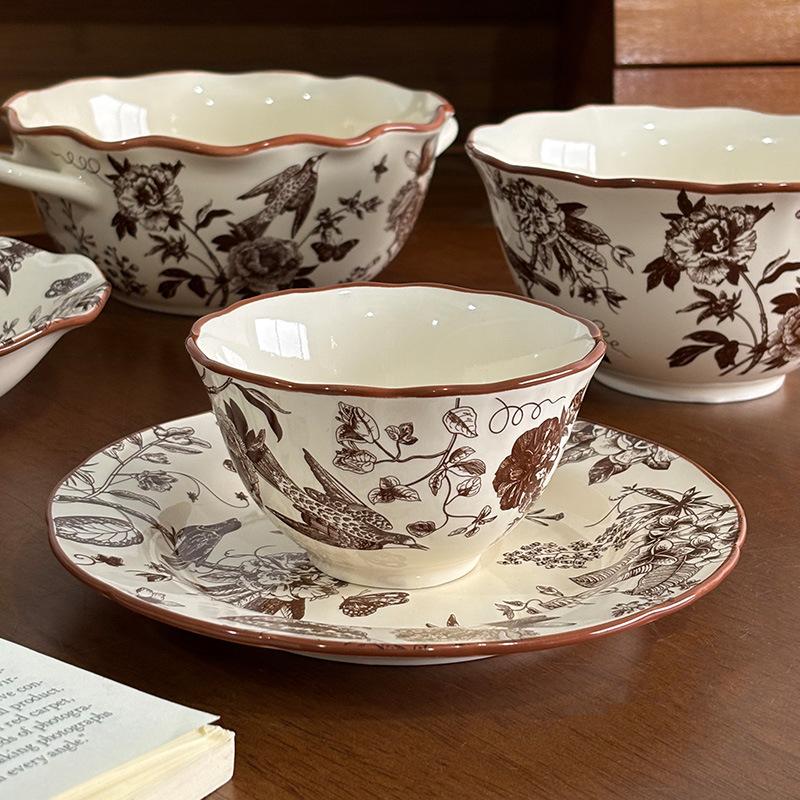 Medieval Flower Tableware Set Light Luxury Advanced Ceramic Bowl Household Plate Rice Bowl Large Capacity Soup Bowl
