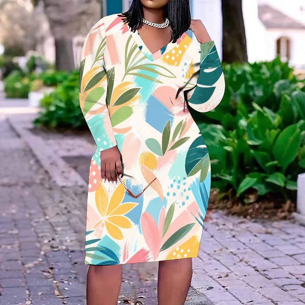 Women Plus Size V Neck Long Sleeve Printed Fitted Straight Midi Dress