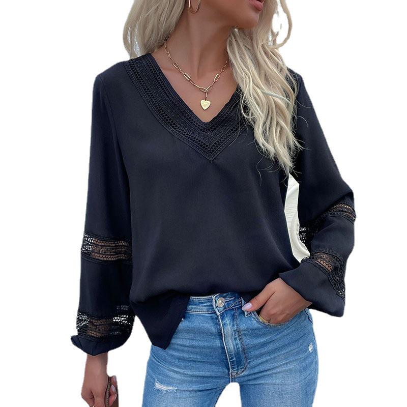 2022 Lace Patchwork Long Sleeve V-Neck Blouse - Women's Spring & Autumn Fashion