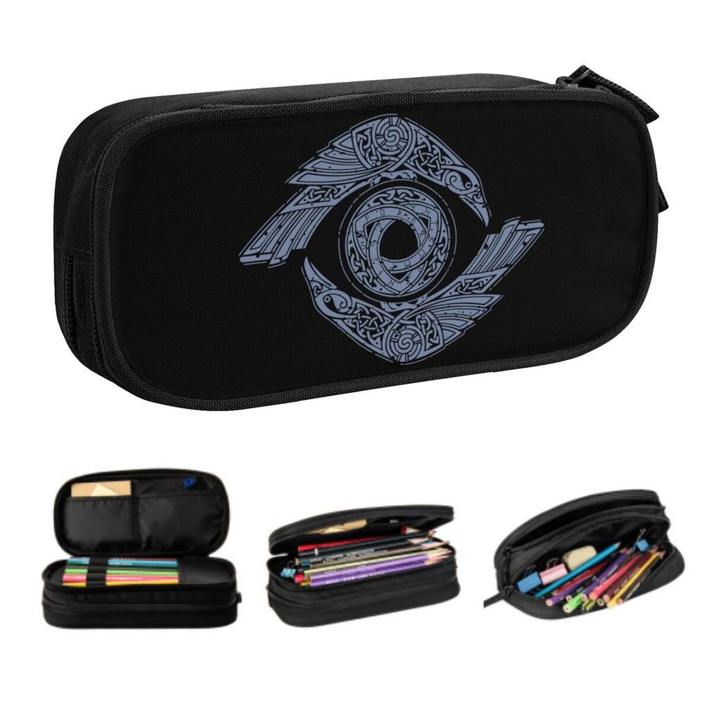 Custom Odin Raven Vikings Runes Cute Pencil Case Girl Boy Large Capacity Norse God Pencil Box Students Stationery