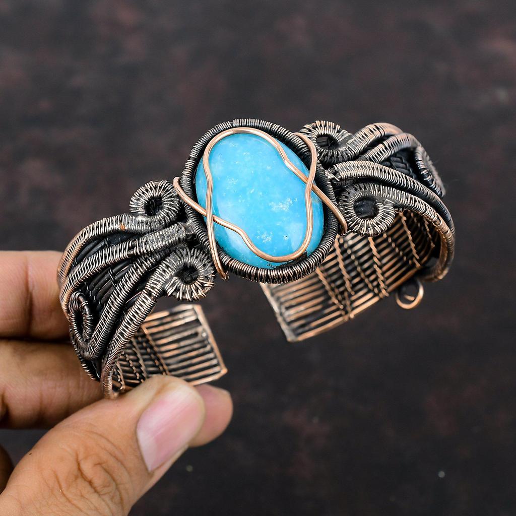 Smithsonite Copper Cuff Bracelet Copper Wire Wrapped Bangle Natural Gemstone Cuff Adjustable Bangle Handmade Copper Jewelry Anniversary Gift