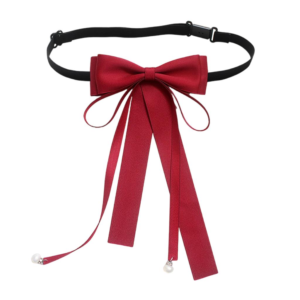 Elegant Pearls Long Ribbon Bowtie with Pin Pre Tied Adjustable Preppy Styles Bowknot Necktie for Fashionable Women Ties